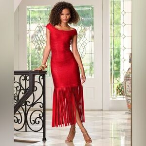 Boston Proper Racing Red Fringe Trim Metallic Bandage Dress Sz L
